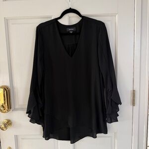 KAREN KANE, Black tunic top, flowy bell sleeves, crossover faux front, L